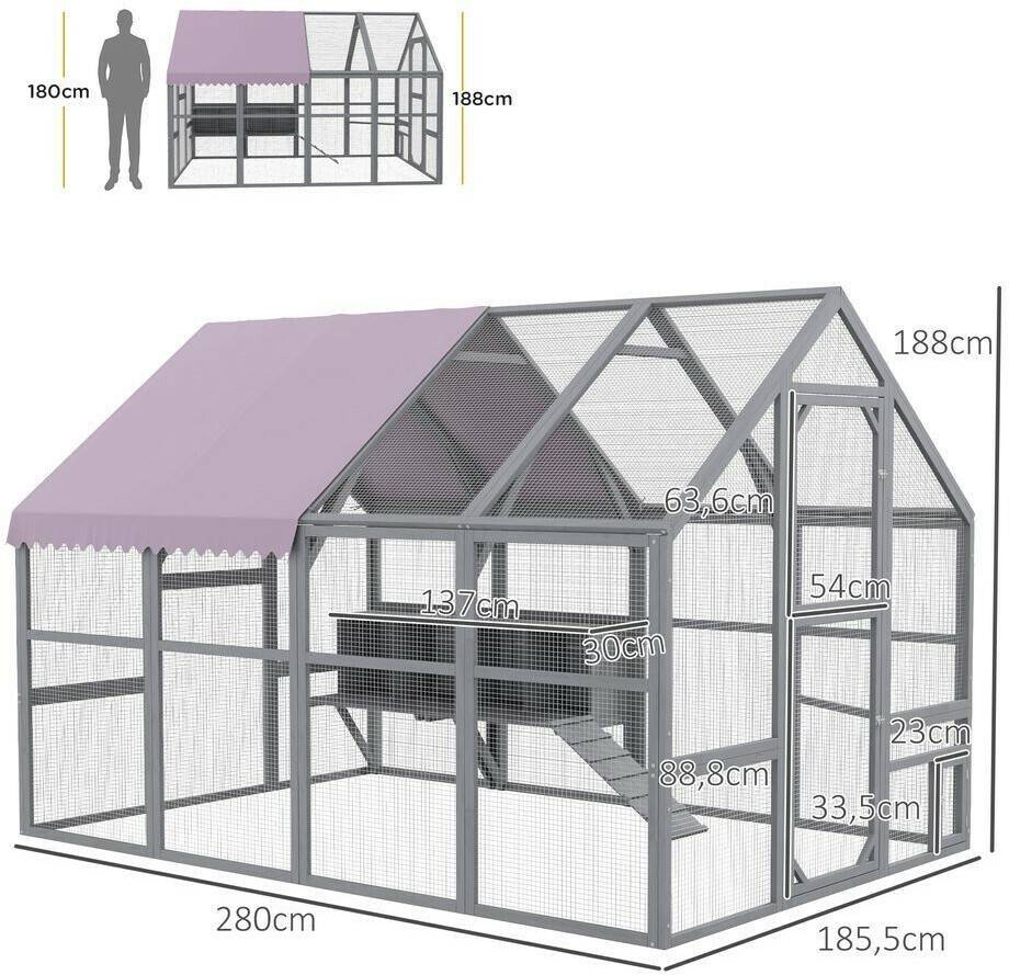 Hühnerställe Pawhut Hühnerstall Freilaufgehege aus Holz 280x185,5x188cm grau